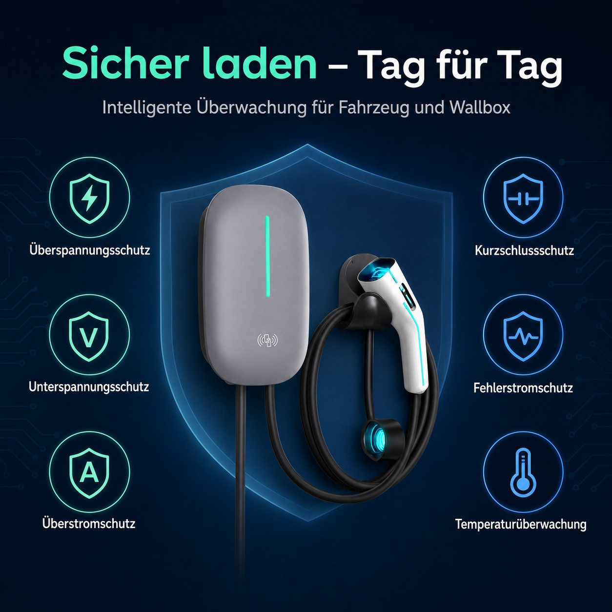 Graue Wallbox mit Ladekabel und Icons für Sicherheitsfunktionen auf blauem Hintergrund.
