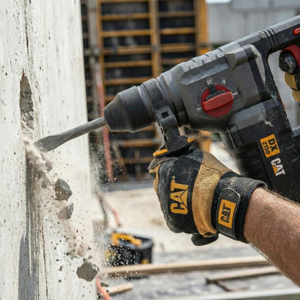 Sarı CAT eldivenli bir işçi, beton duvara delik açmak için büyük bir kırıcı-delici matkap kullanıyor.