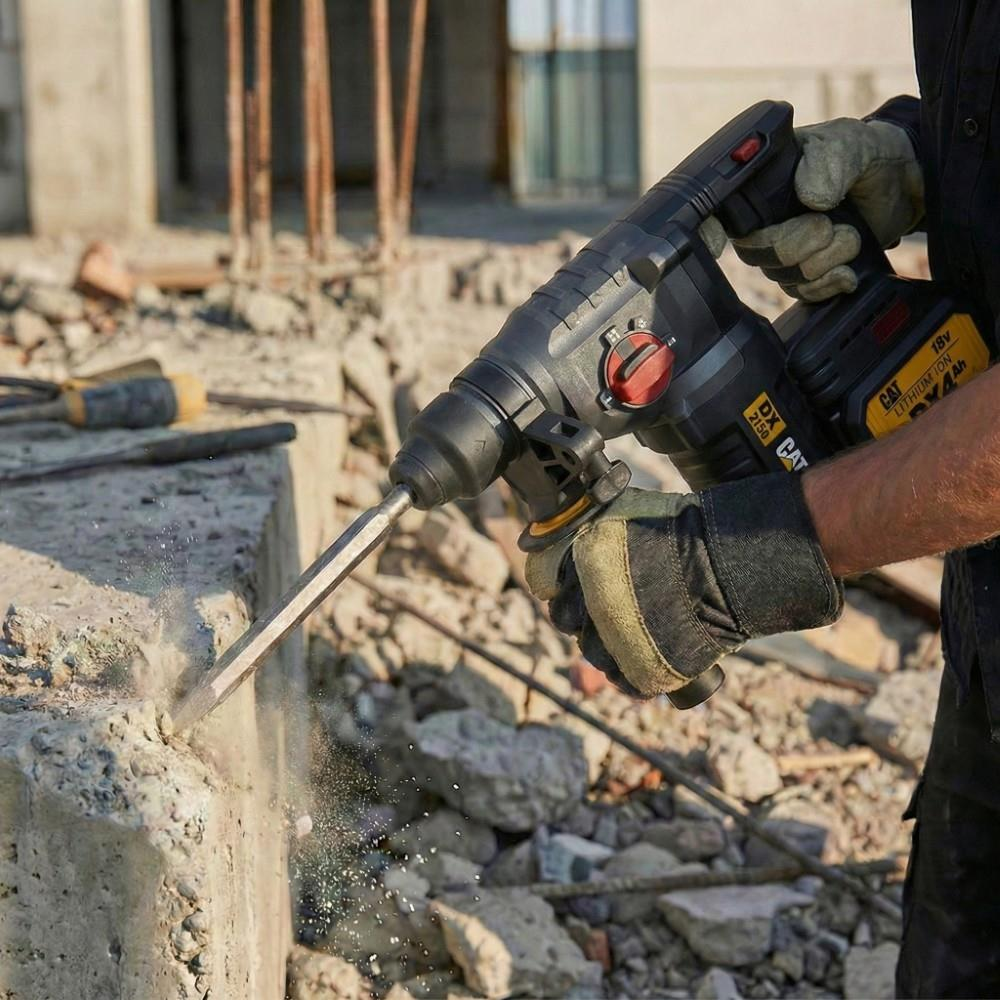Bir işçi şantiyede bir beton bloğu kırmak için akülü kırıcı-delici matkap kullanıyor.