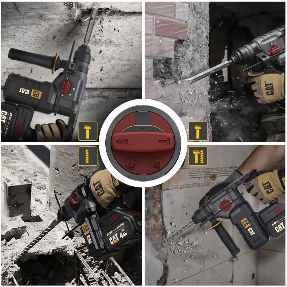 Gri renkli bir CAT kırıcı-delici, çeşitli uçlarla beton ve tuğlayı deliyor.
