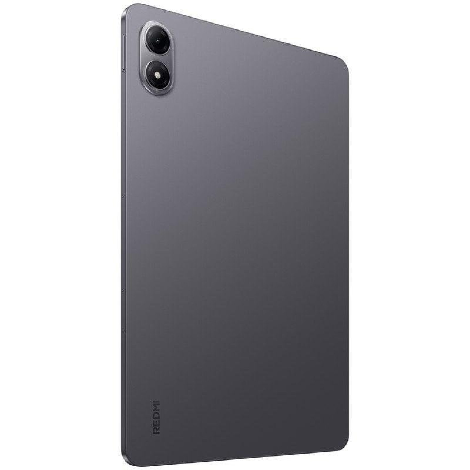 Retro di un tablet grigio Xiaomi Redmi con due obiettivi fotografici in alto a sinistra e il logo Redmi in basso.