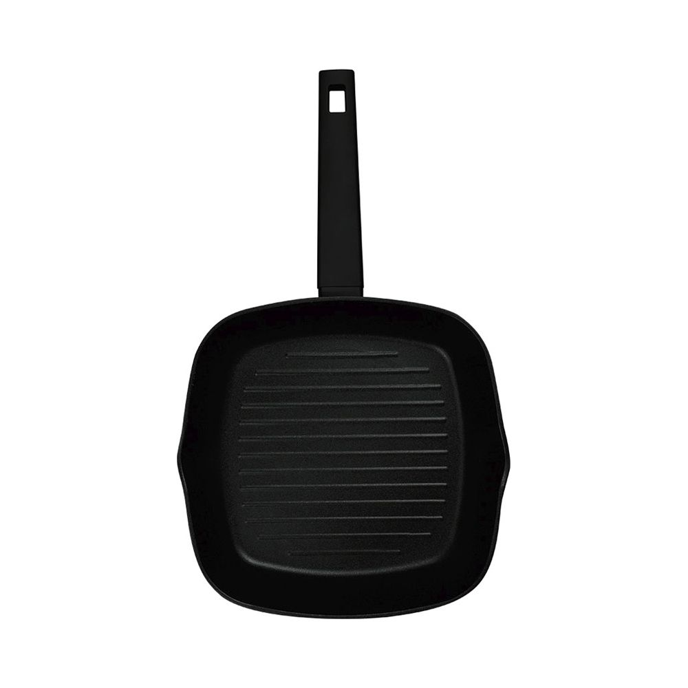 Eine schwarze quadratische Grillpfanne mit geripptem Boden und langem Griff.