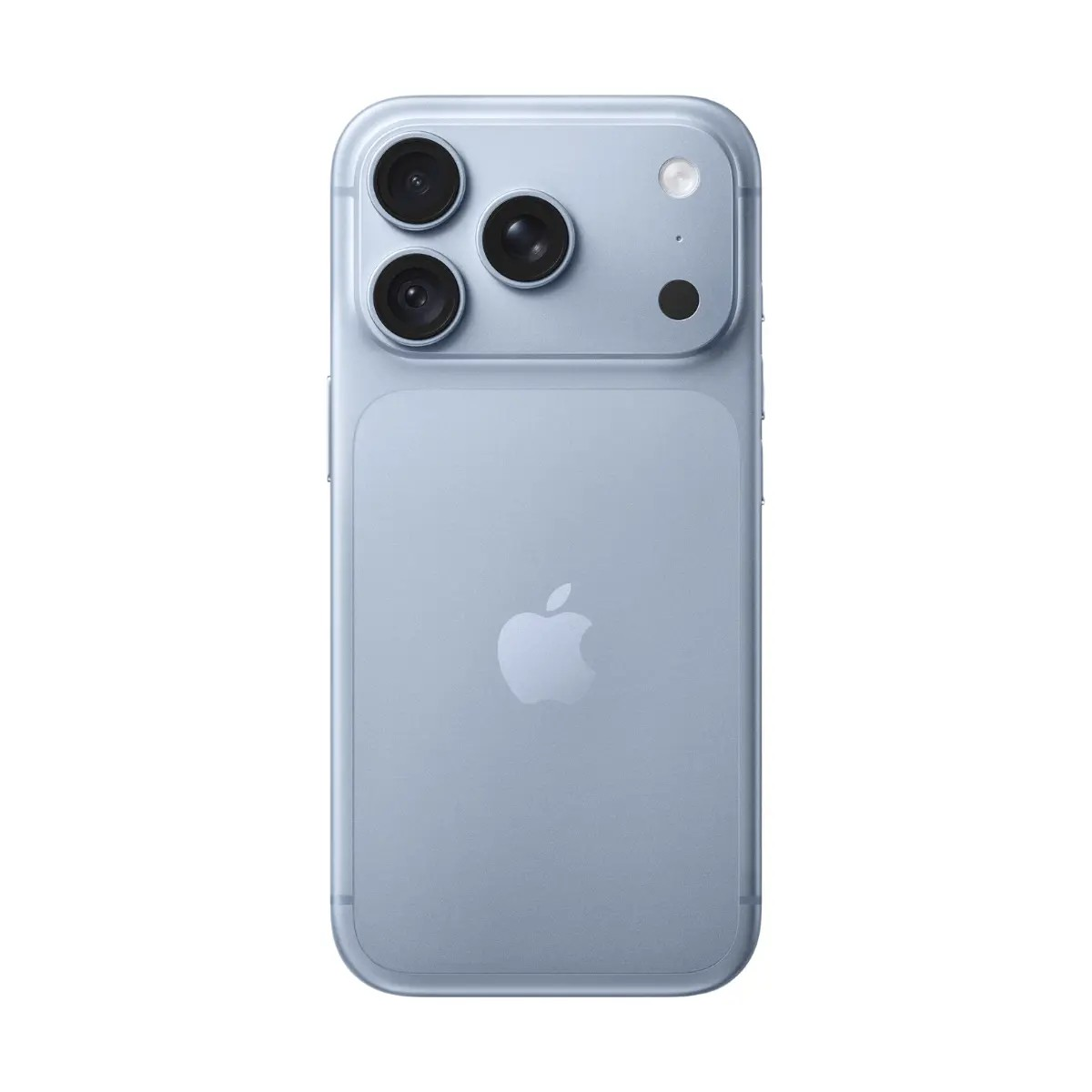 Retro di uno smartphone azzurro con tre obiettivi, flash e logo Apple.