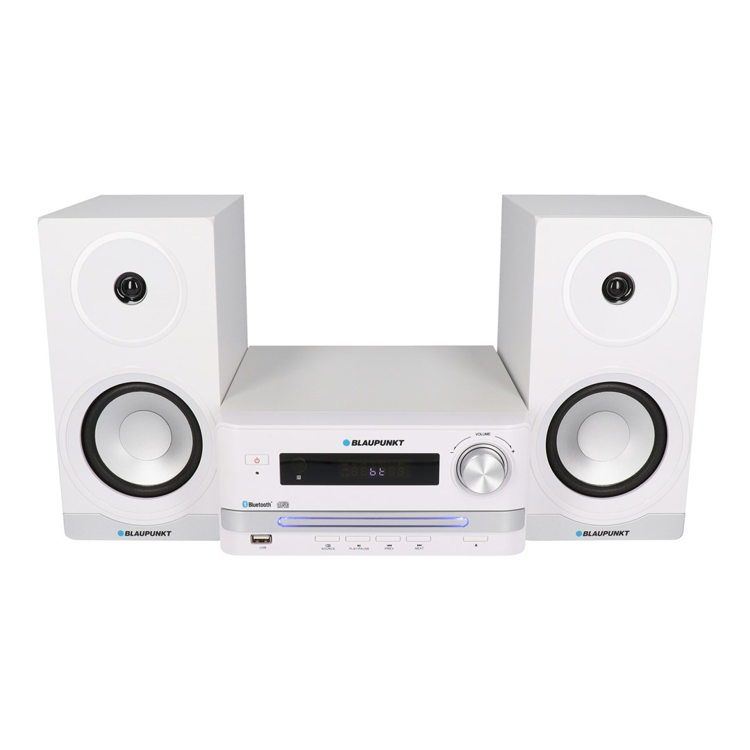 Un impianto stereo Blaupunkt bianco con unità centrale e due altoparlanti bianchi abbinati su sfondo bianco.