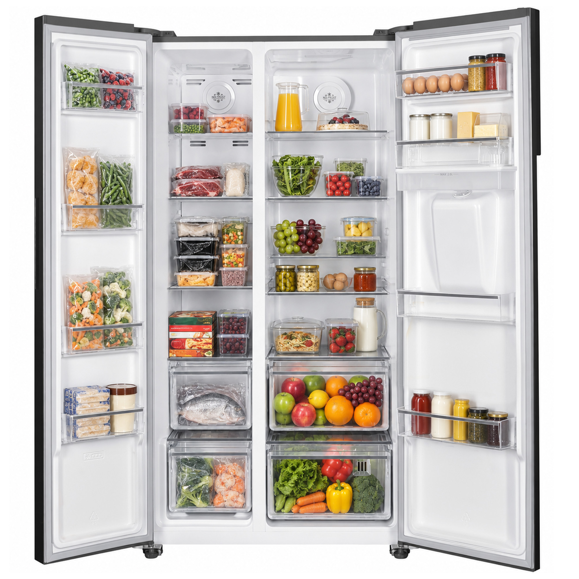 A large, open double-door refrigerator fully stocked with fresh fruits, vegetables, meat, and various beverages.