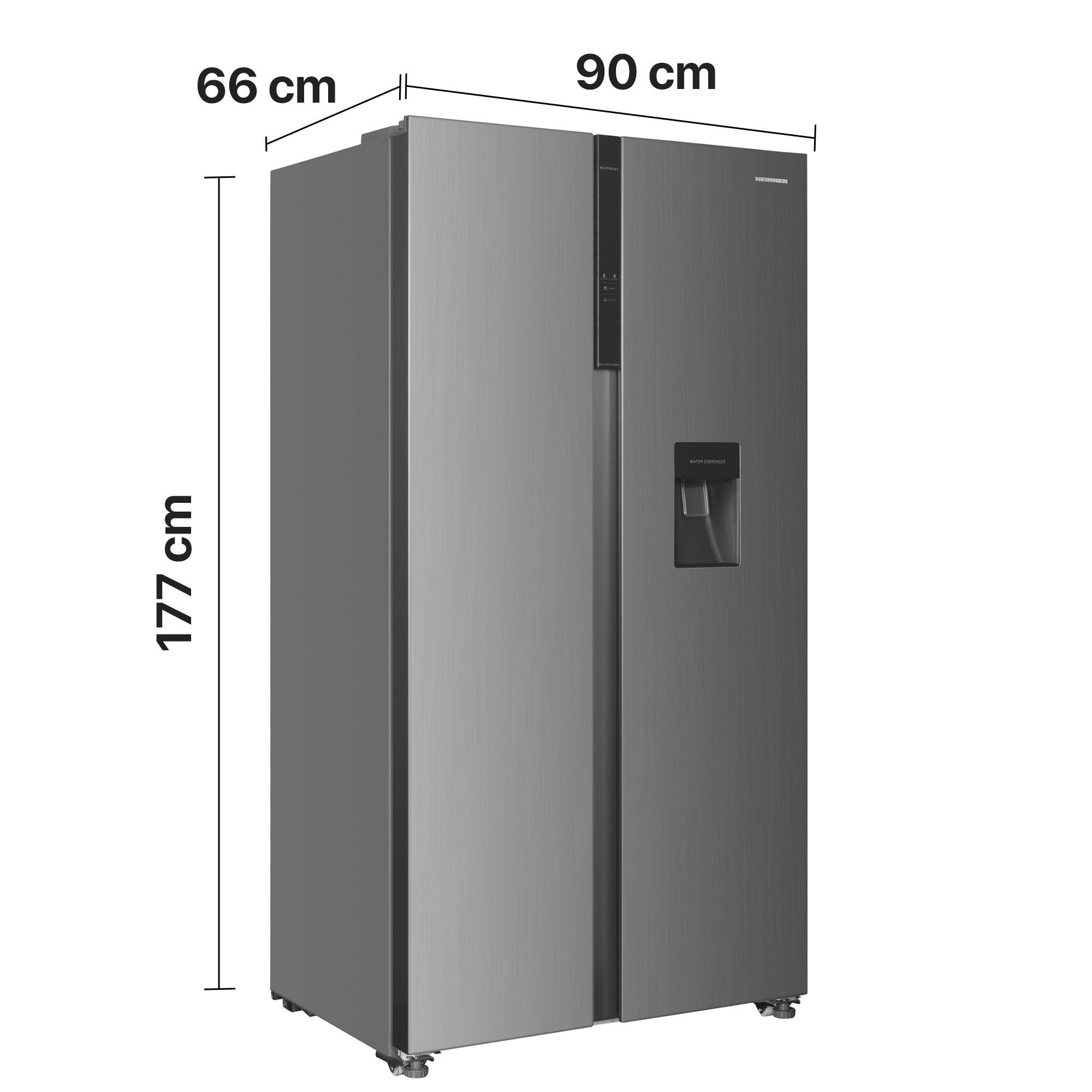 Gray side-by-side refrigerator showing dimensions: 177 cm height, 90 cm width, 66 cm depth, and a water dispenser.