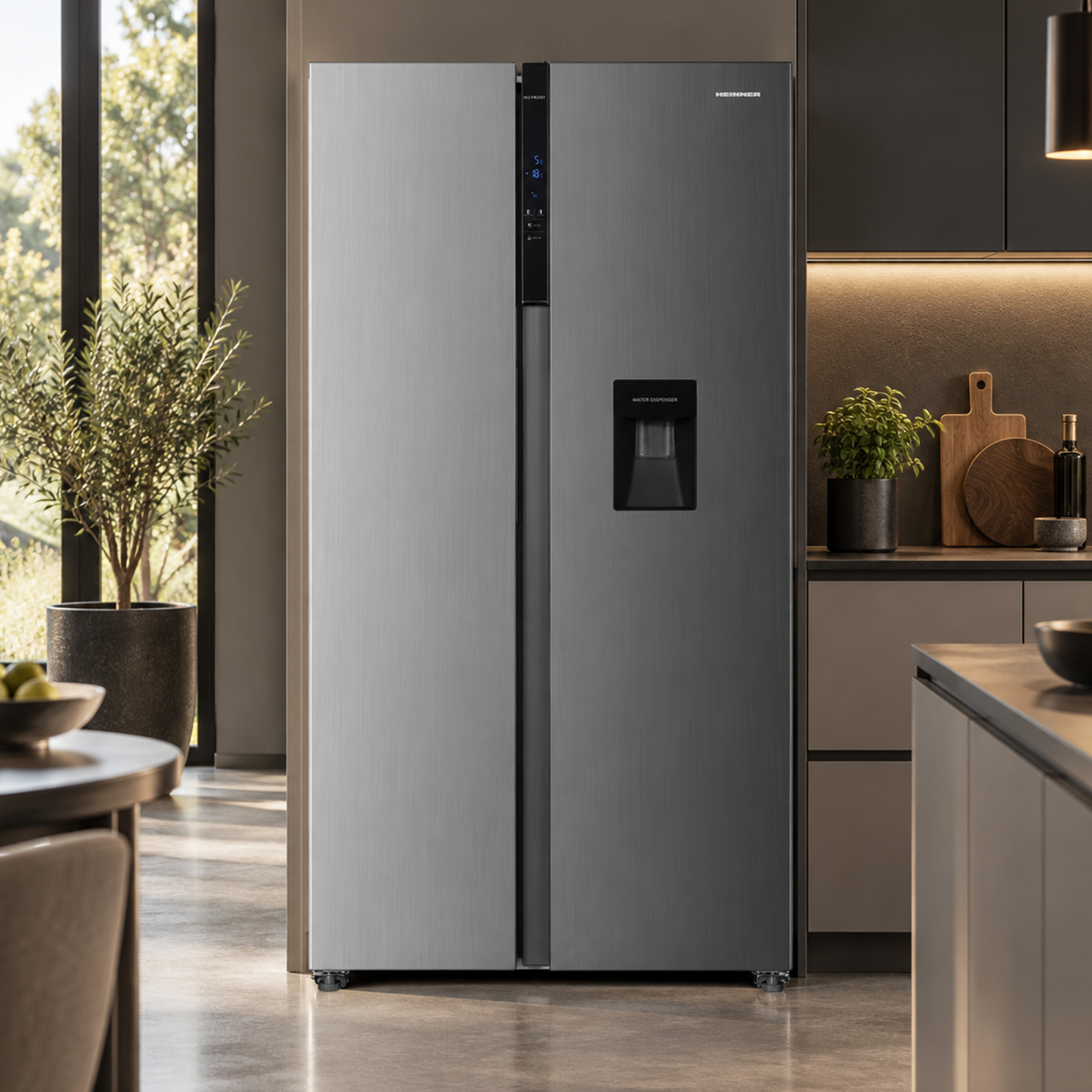 Silver double-door refrigerator with water dispenser in a modern kitchen with plants and cutting boards.
