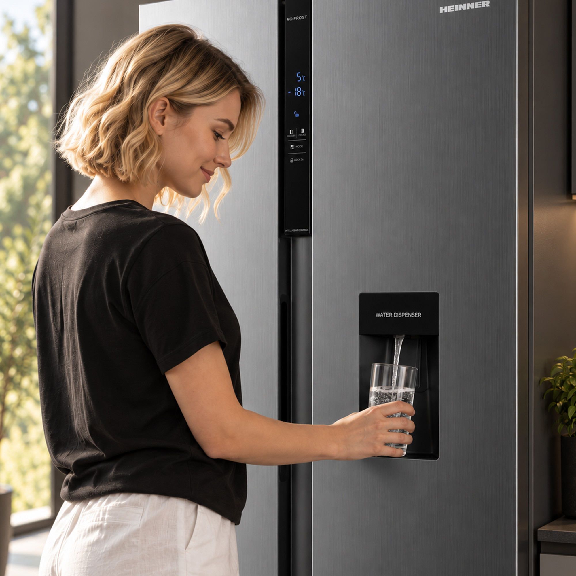 A blonde woman fills a glass with water from a modern, grey refrigerator.