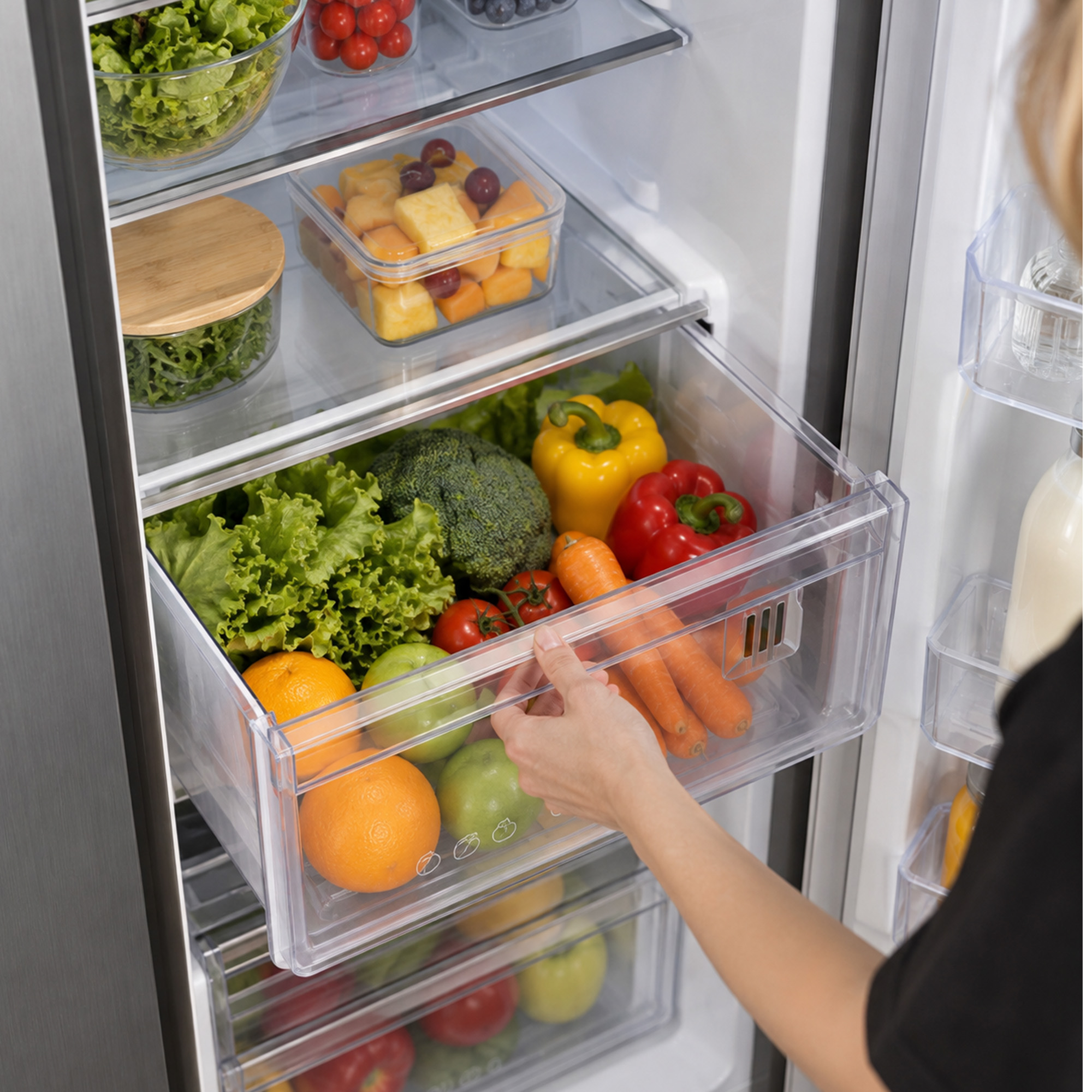 Person opens a packed refrigerator drawer filled with fresh vegetables and fruits.