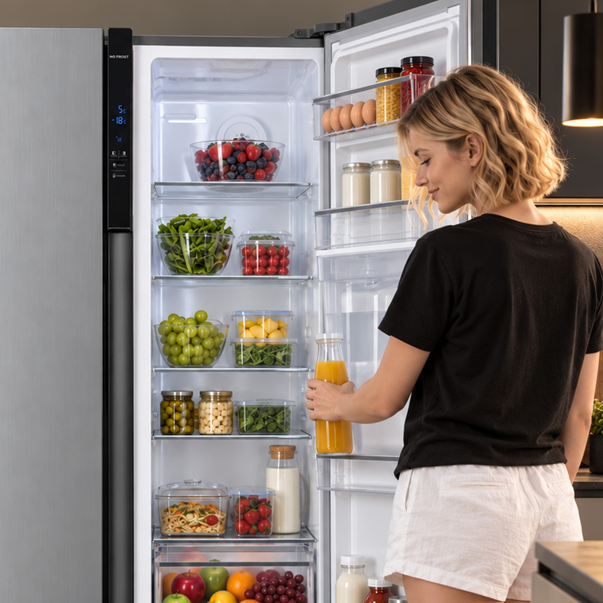 A blonde woman in a black shirt and white shorts holds a juice bottle while opening a well-stocked refrigerator.