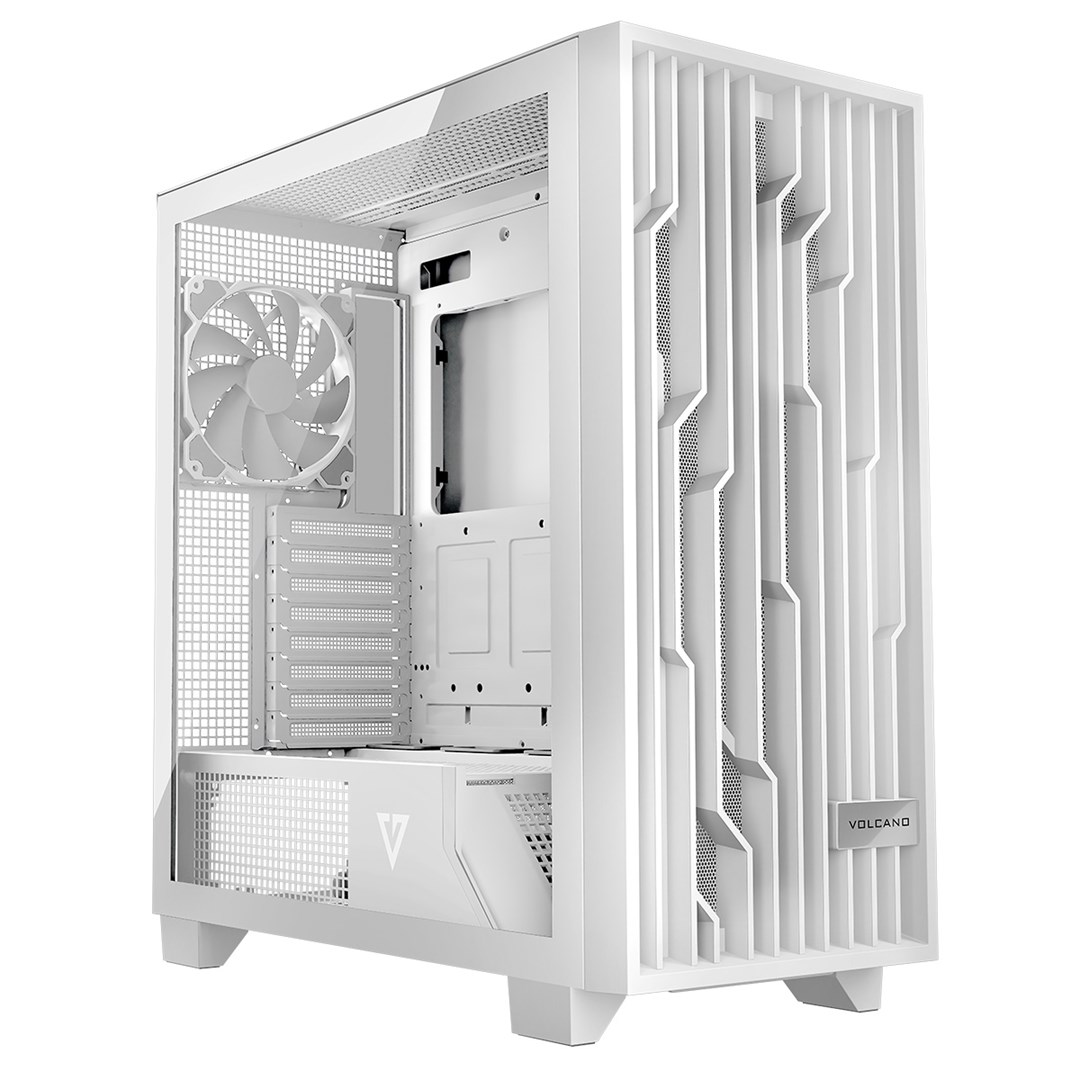 Un case per PC bianco con pannello frontale alettato verticale, ventola interna e logo.