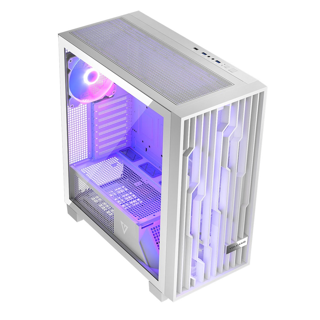 Un case per PC bianco con pannello laterale in vetro e ventole interne illuminate in viola e blu.