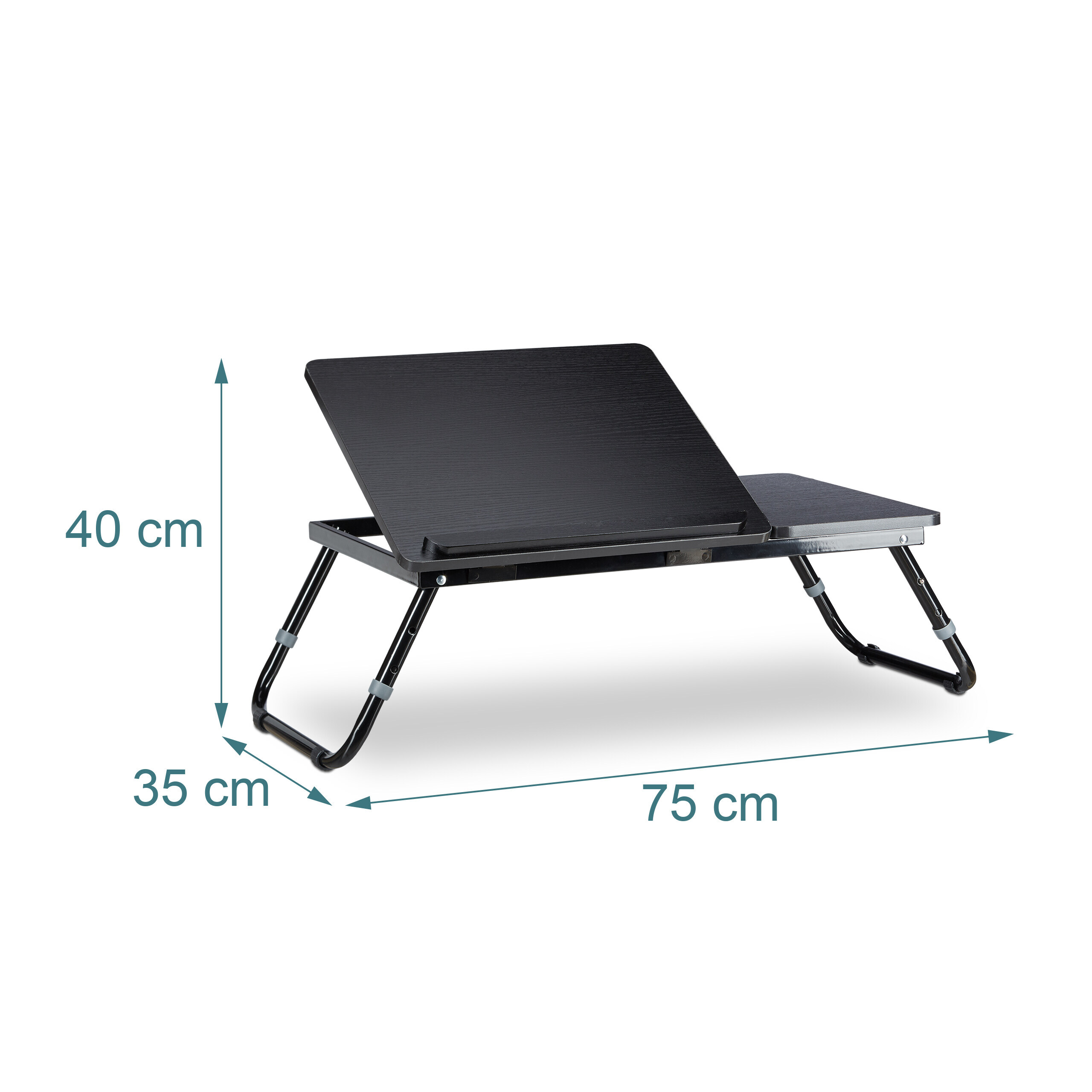 Schwarzer Laptoptisch mit Maßen: 75 cm Breite, 35 cm Tiefe und 40 cm Höhe.