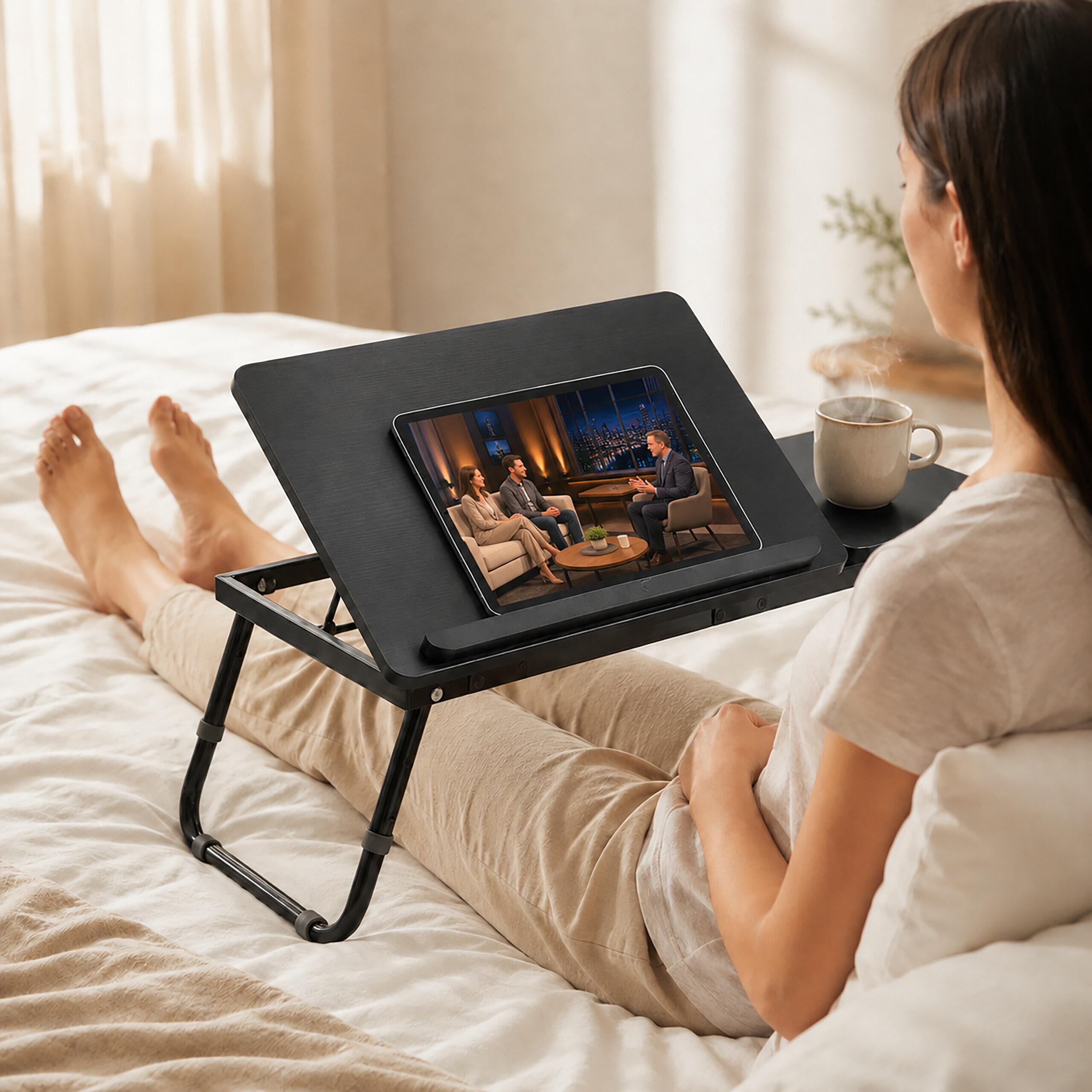 Eine Frau sitzt auf einem Bett und schaut auf einem Laptop auf einem Betttisch ein Video, neben einer Tasse Kaffee.