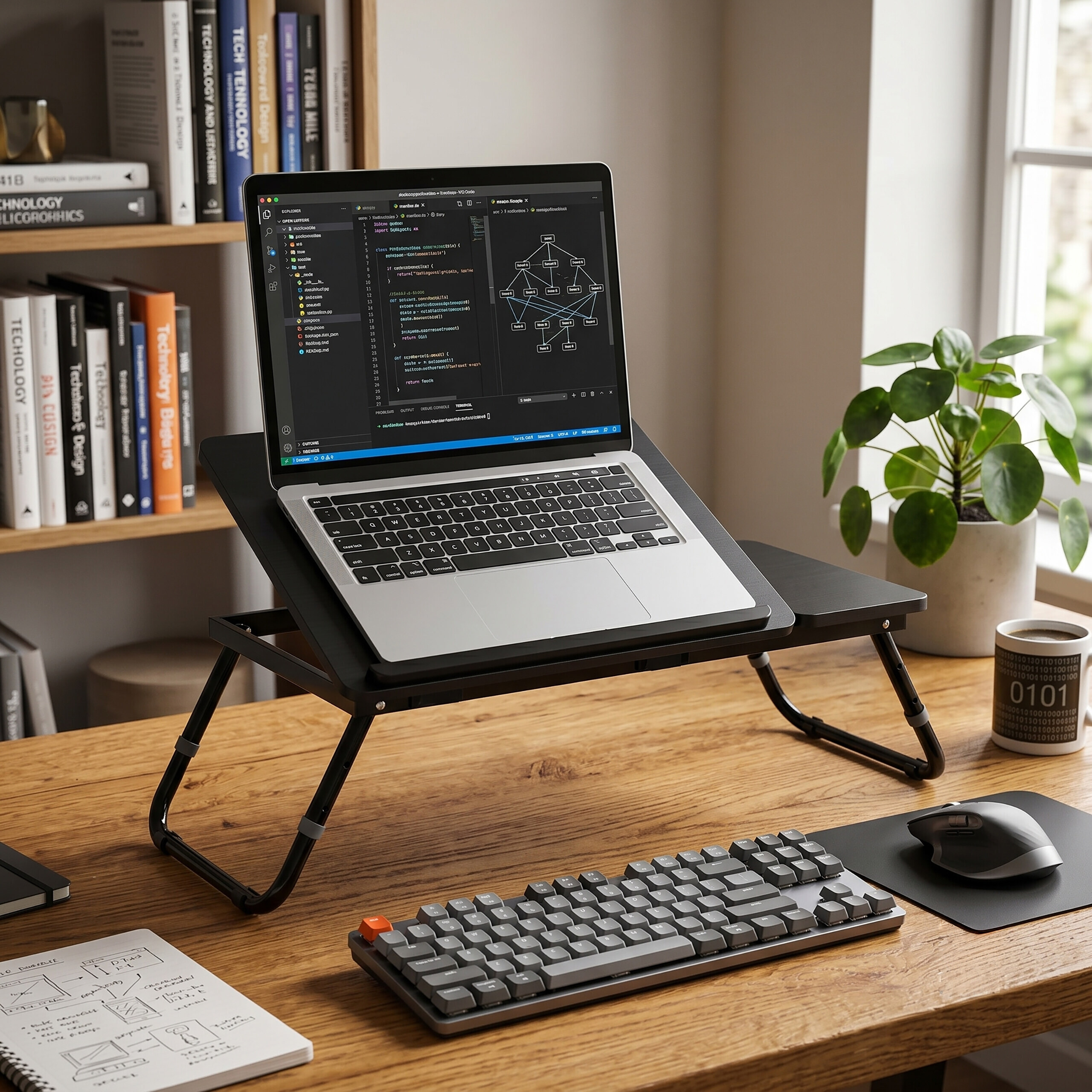 Laptop auf schwarzem Ständer auf einem Holztisch mit Tastatur, Maus, Notizbuch, Pflanze und Büchern im Hintergrund.