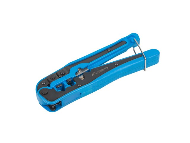 Blauwe crimptang met zwarte grip op een witte achtergrond.