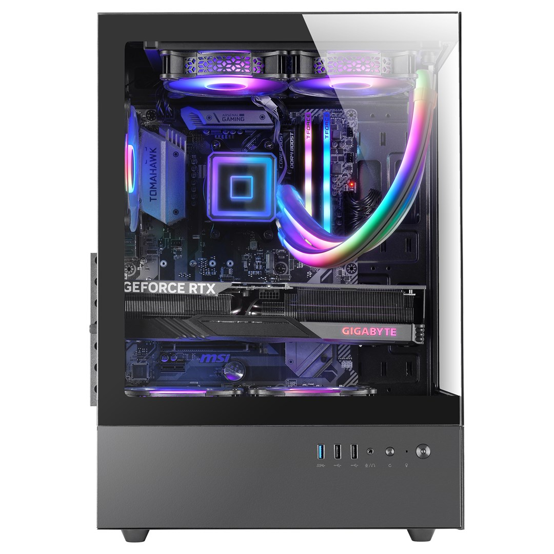 Obudowa komputera do gier z szklanym boku, wentylatorami RGB, chłodzeniem wodnym i kartą graficzną Gigabyte GeForce RTX.