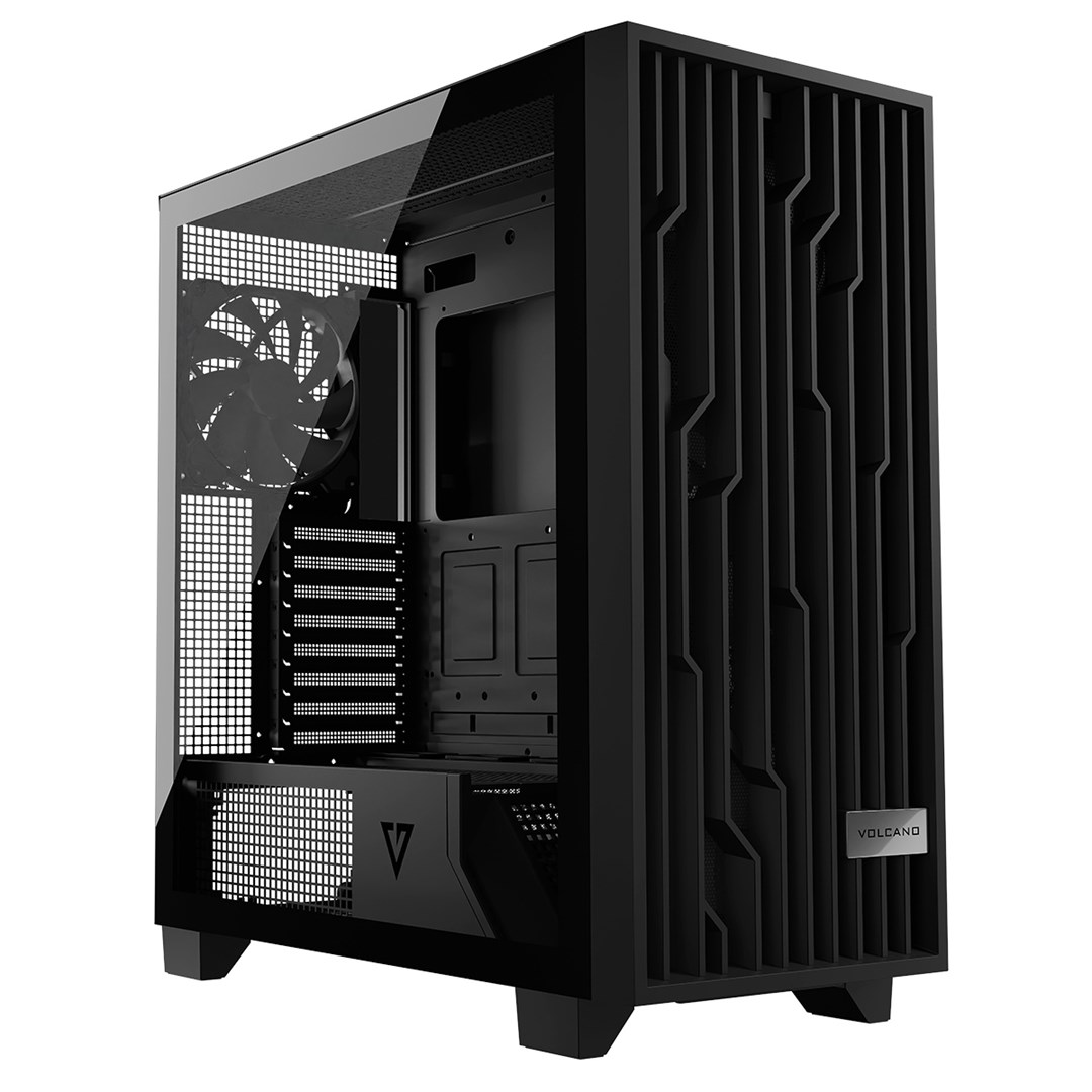 Case per PC nero con pannello laterale in vetro, griglia frontale e ventola interna.