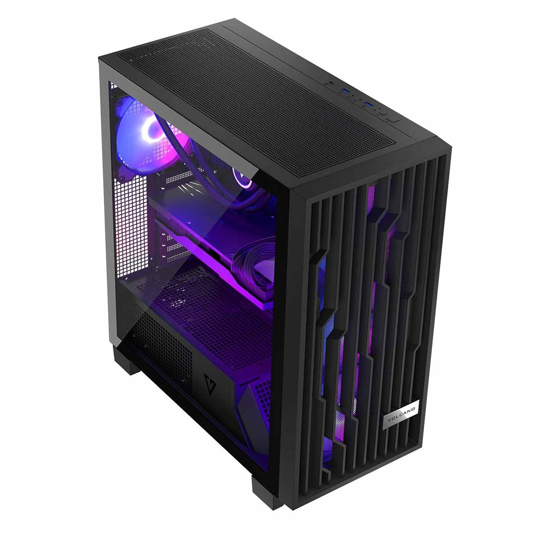 Case per PC nero con pannello laterale in vetro e illuminazione viola.