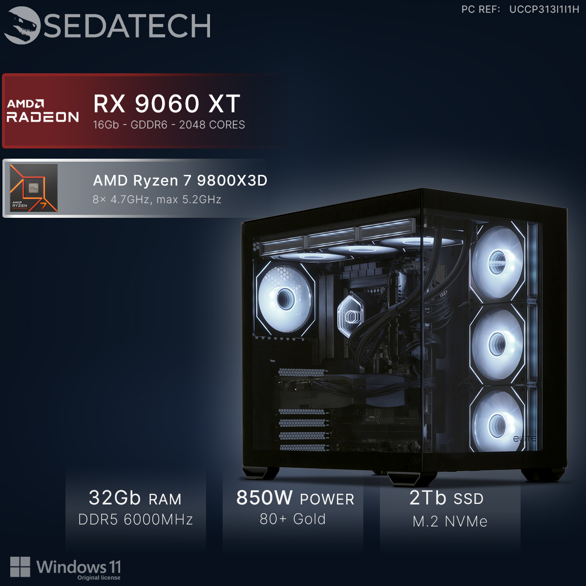 PC Sedatech con AMD Ryzen 7, RX 9060 XT, 32GB RAM, fuente de 850W, SSD de 2TB y Windows 11.