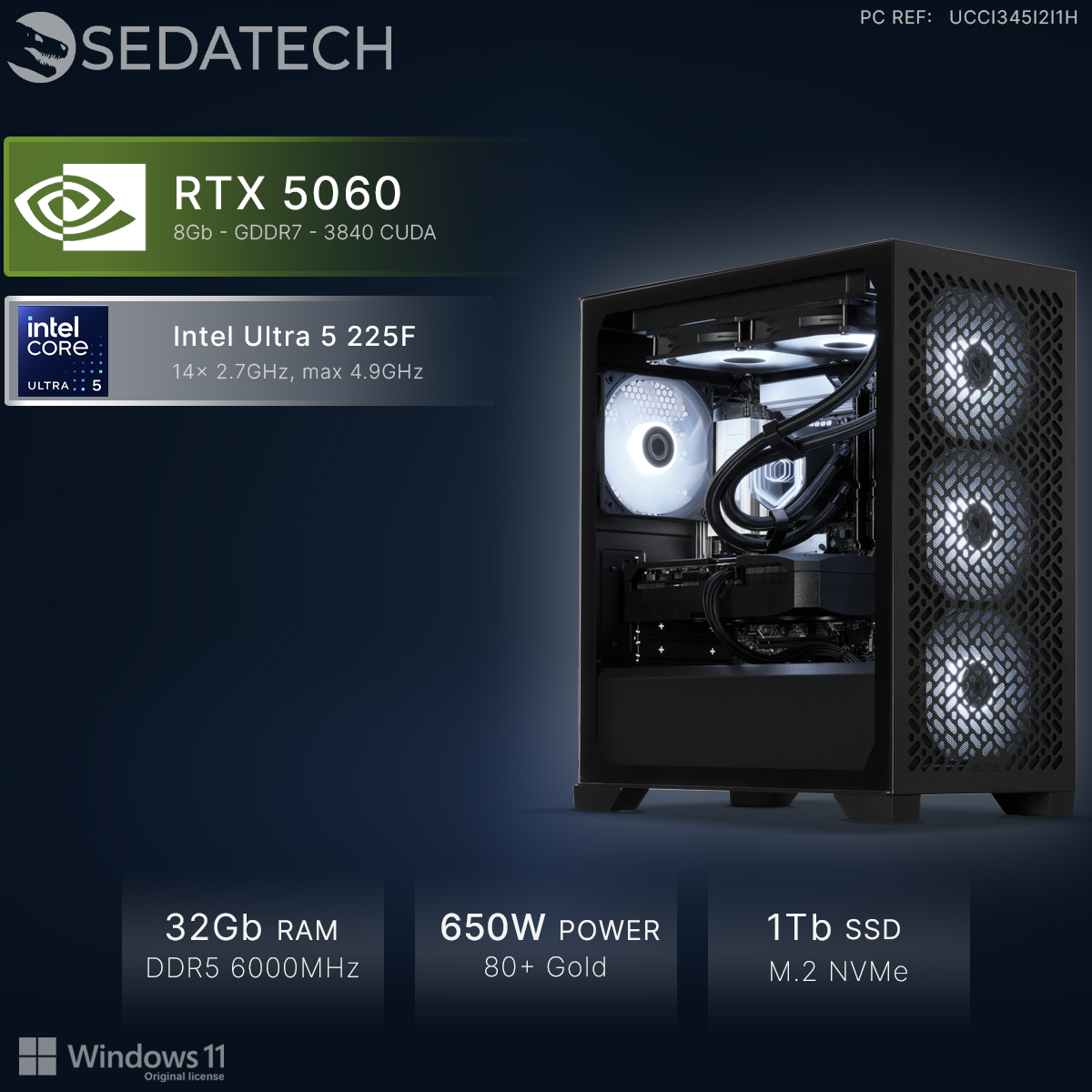 PC Sedatech con RTX 5060, Intel Ultra 5, 32GB RAM, fuente 650W, SSD 1TB y Windows 11.