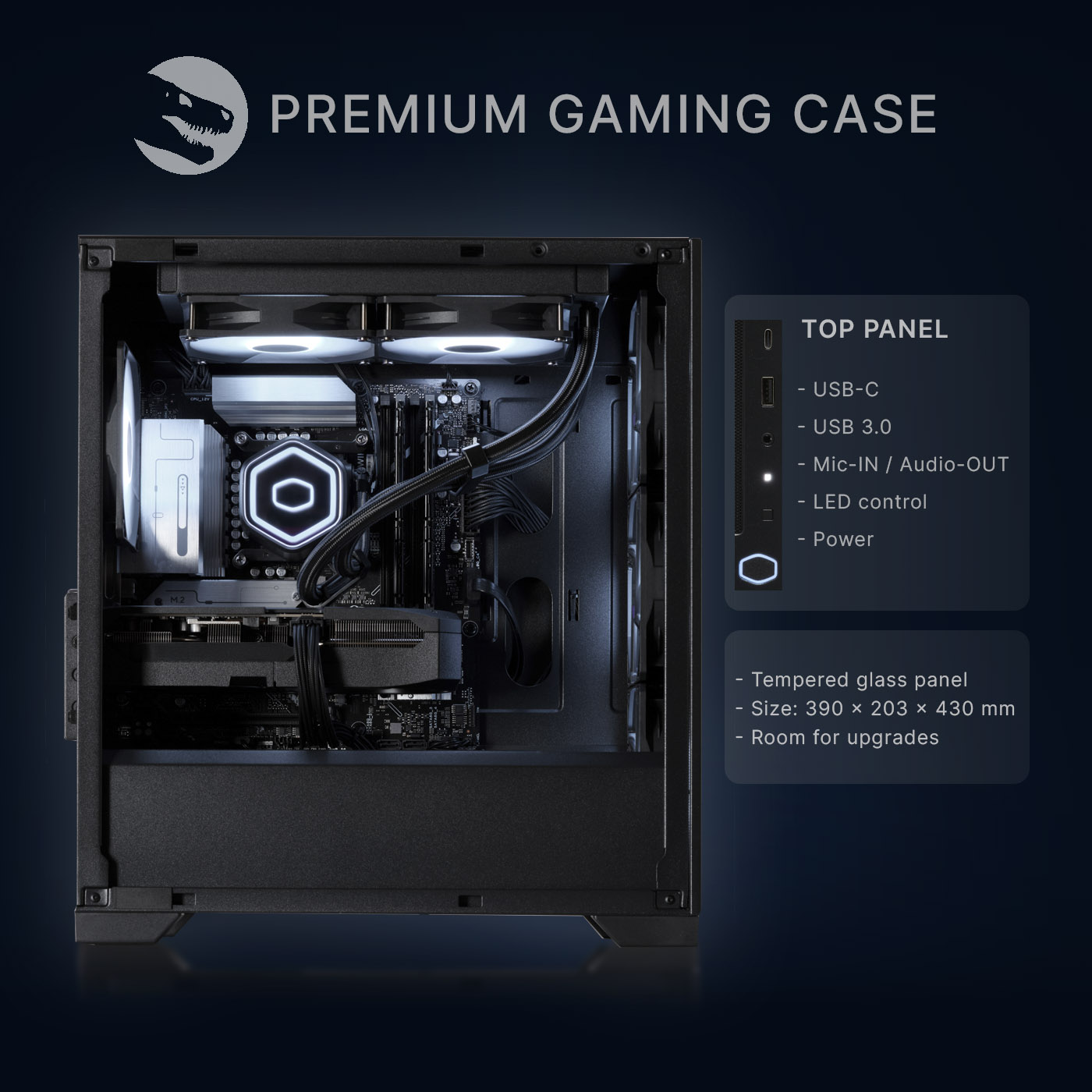 Gabinete para PC gamer con componentes internos y cuadros de texto con los puertos y especificaciones.
