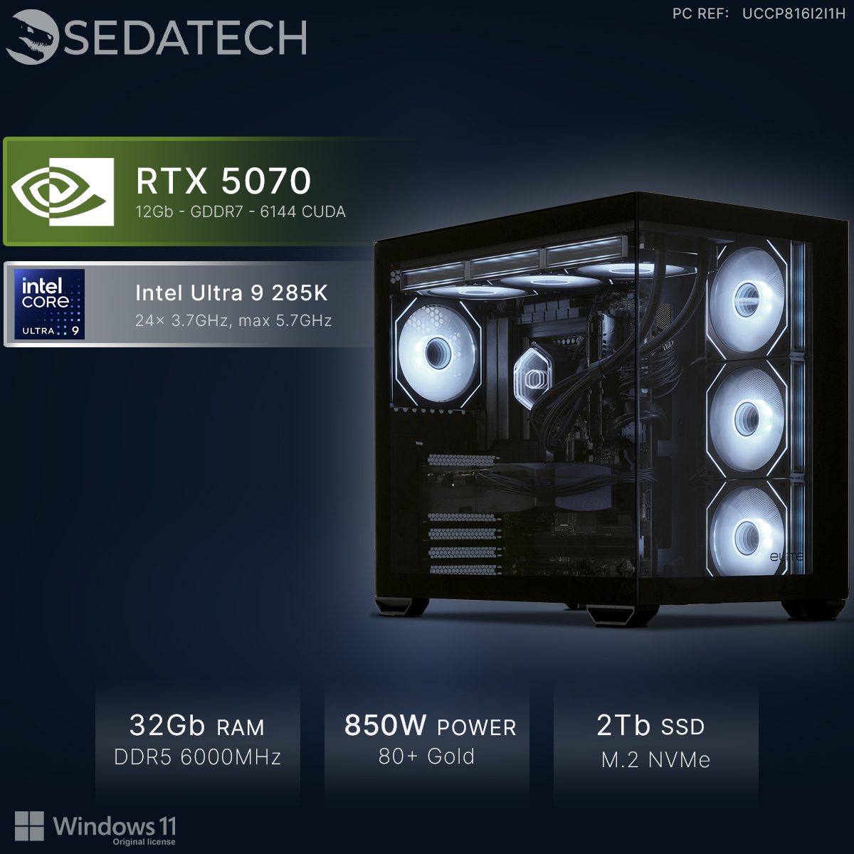 PC Sedatech con RTX 5070, Intel Ultra 9, 32GB RAM, fuente 850W, SSD de 2TB.
