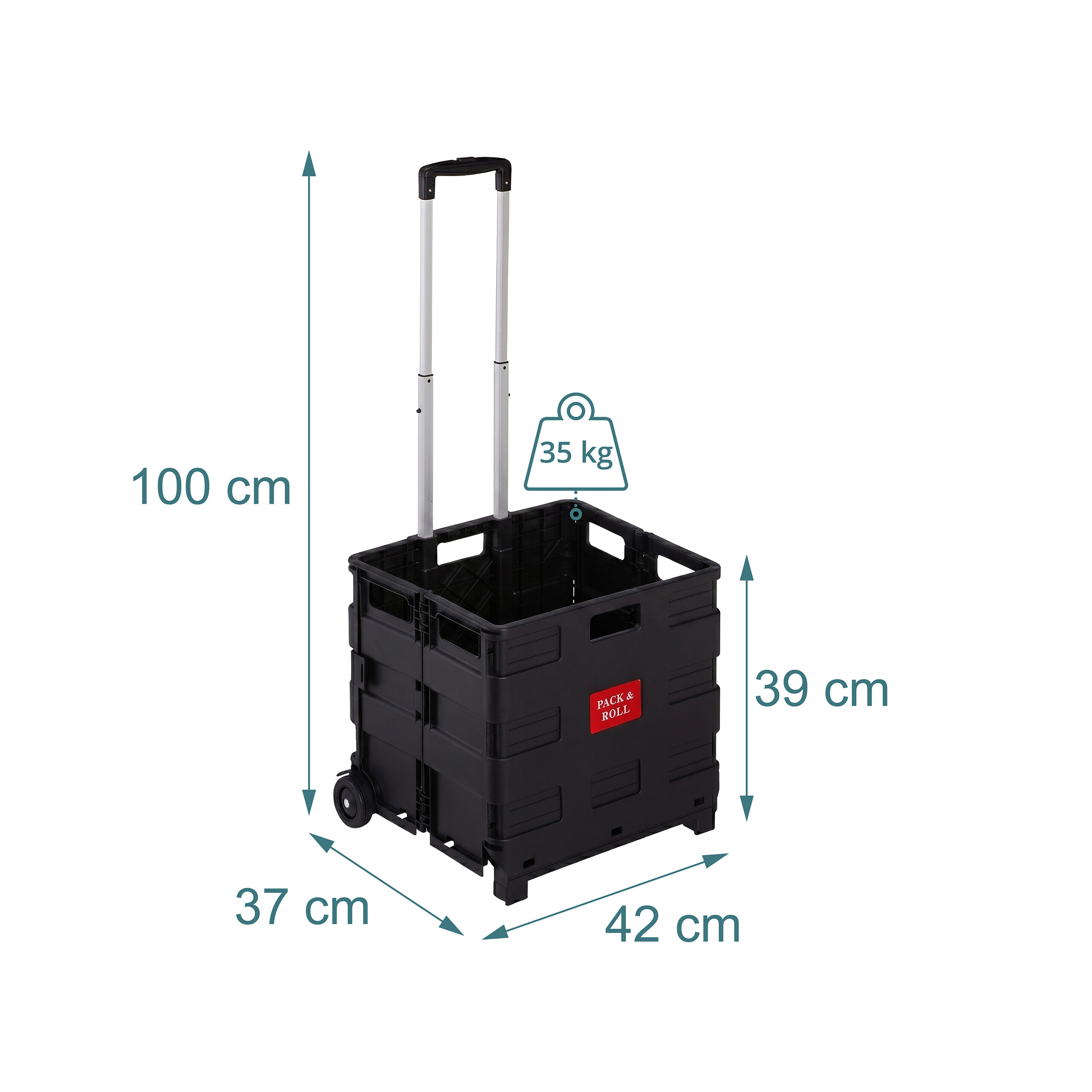 Ein schwarzer Faltrollwagen mit Maßen 100x42x37x39 cm und 35 kg Tragkraft auf weißem Hintergrund.