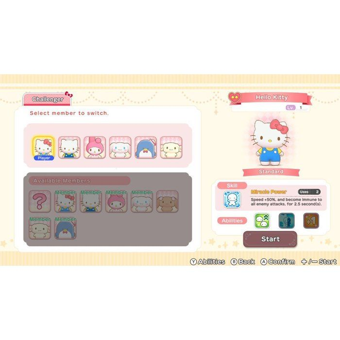 Menú del juego Hello Kitty con selección de personajes y botón de inicio sobre un fondo rosa.