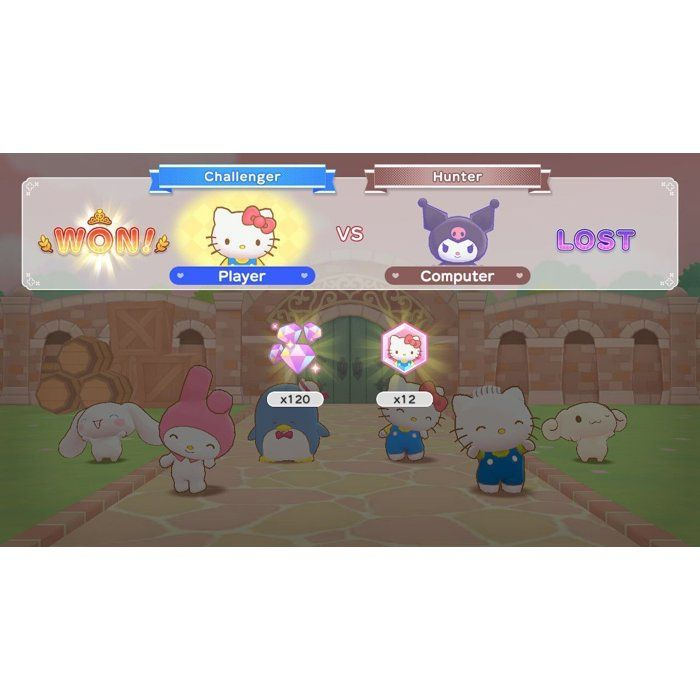 Pantalla de juego: Hello Kitty gana a Kuromi con personajes en un jardín.