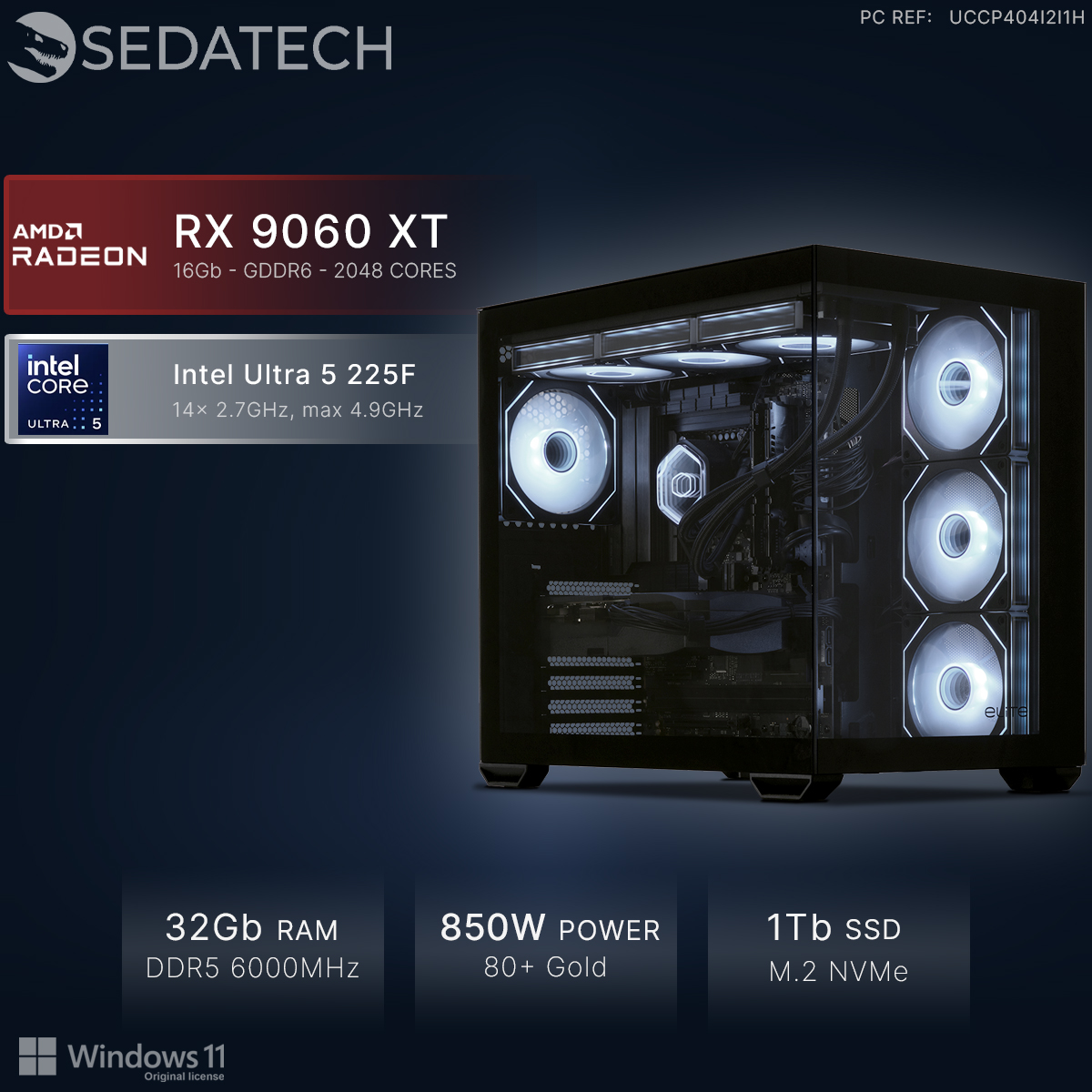PC gaming Sedatech con AMD Radeon RX 9060 XT, Intel Ultra 5, 32GB RAM y ventiladores con luz blanca.
