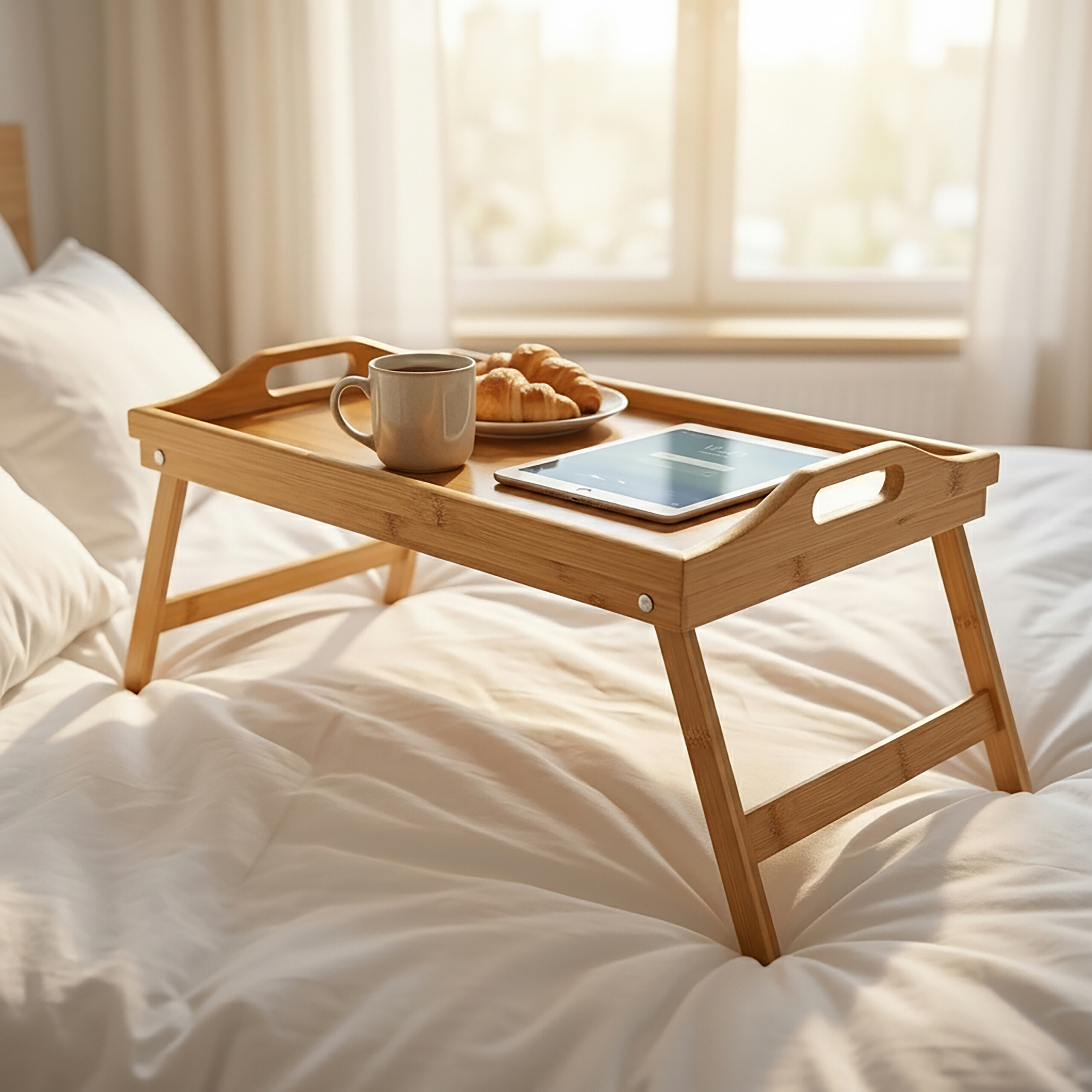 Ein Holstablett auf einem weißen Bett mit Kaffee, Croissants und Tablet.