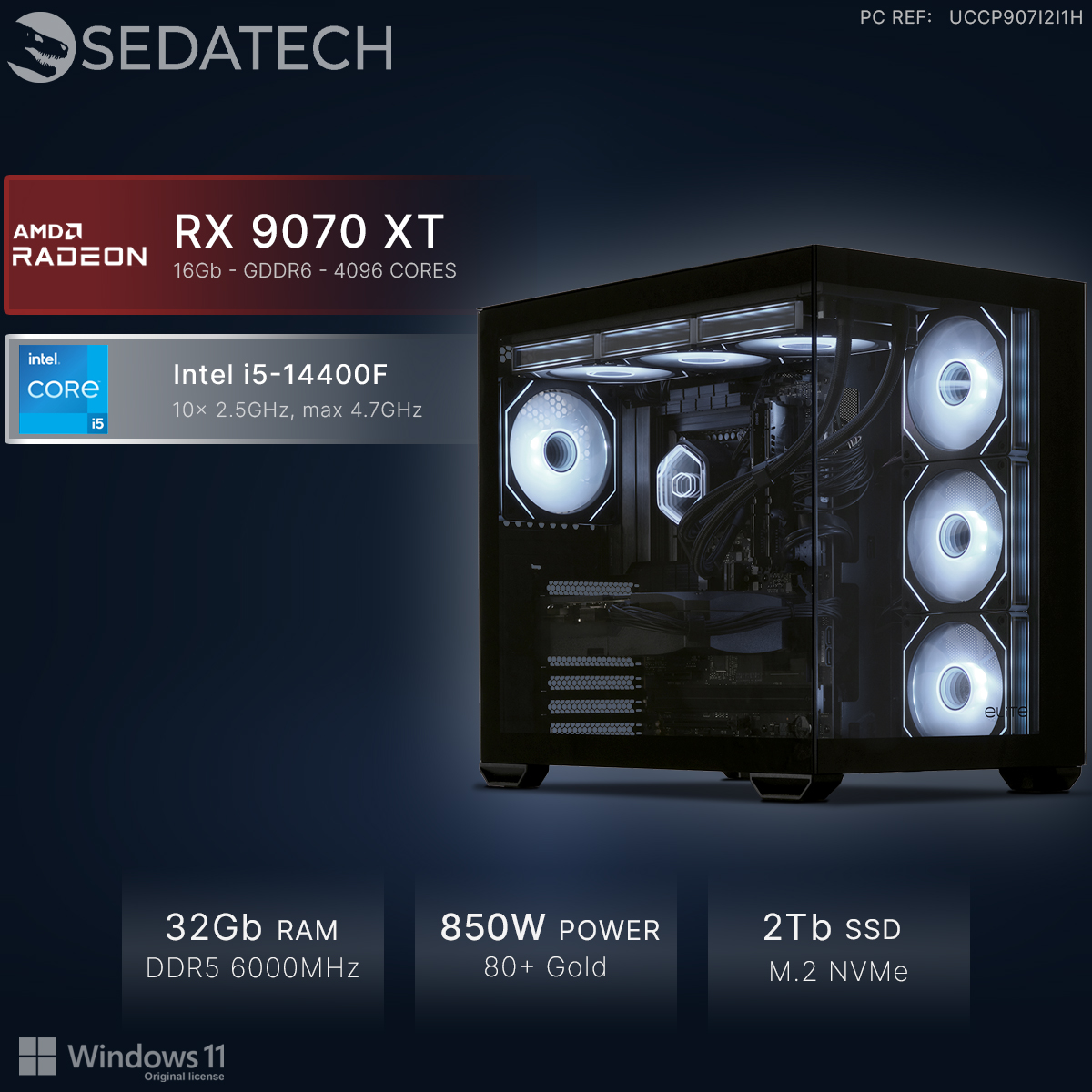 PC de juegos con AMD RX 9070 XT, Intel i5-14400F y ventiladores con luz blanca.