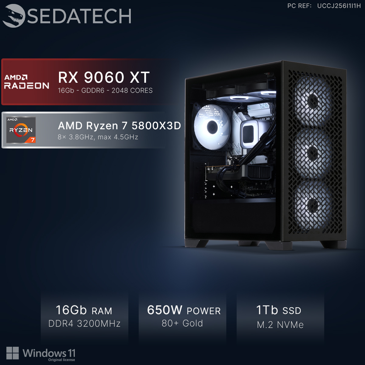 PC Sedatech con AMD Ryzen 7 5800X3D y RX 9060 XT en un gabinete iluminado.