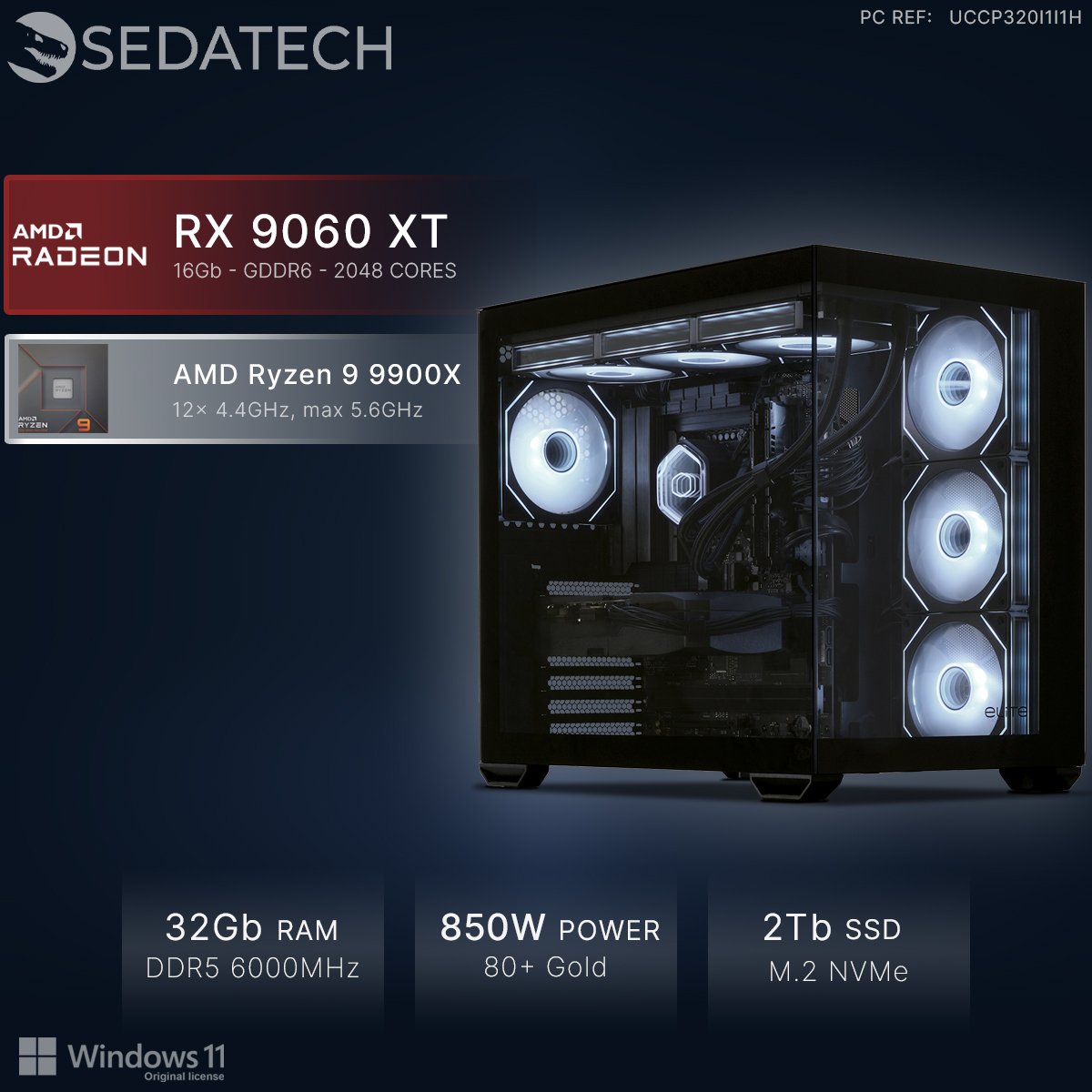 PC gaming Sedatech con AMD Ryzen 9 9900X, RX 9060 XT, 32 GB RAM y SSD de 2 TB en una caja negra.