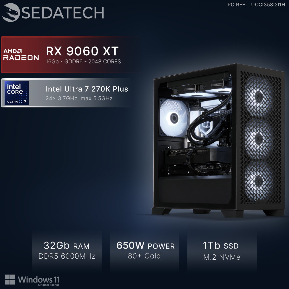 PC gaming Sedatech negro con ventiladores RGB, procesador Intel Ultra 7, gráficos AMD Radeon y 32GB de RAM.