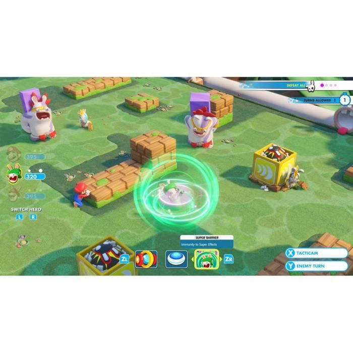 Una scena di videogioco tattico con personaggi di Mario, terreno verde, blocchi di legno e elementi dell'interfaccia.
