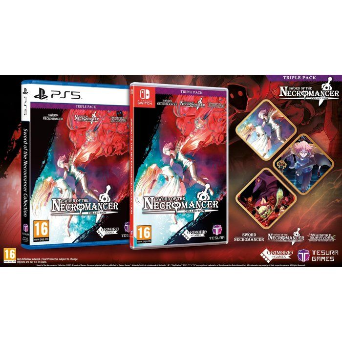 Paquete triple Sword of the Necromancer Collection para PS5 y Switch con portadas y capturas.