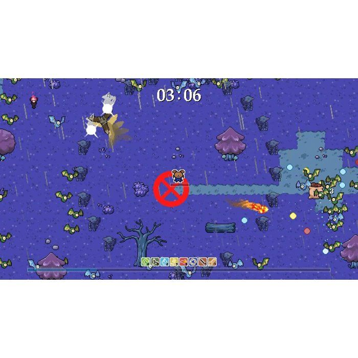 Escena de videojuego 2D pixelada con personaje rodeado de enemigos y una señal de prohibición roja en un mapa morado.
