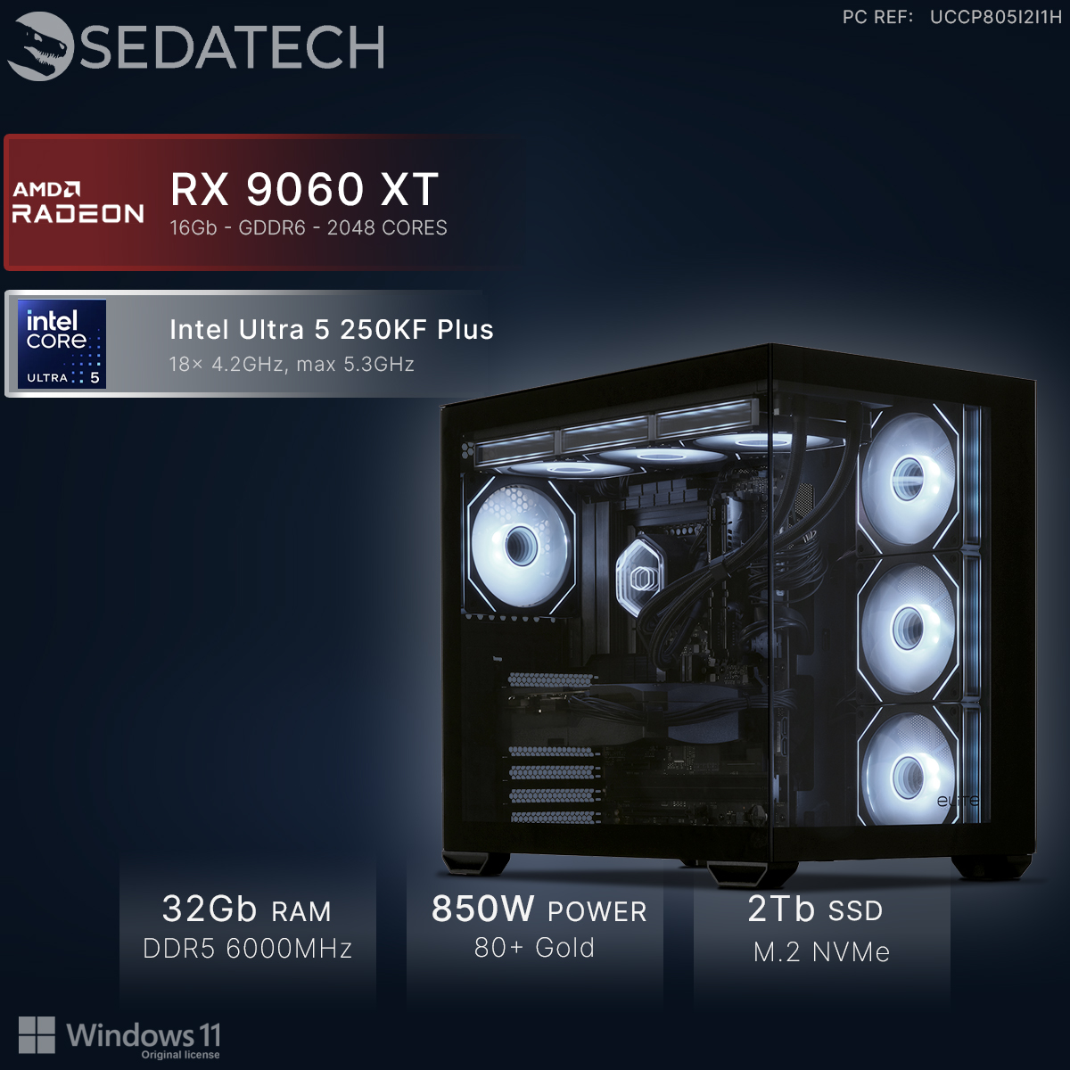 PC gaming con AMD Radeon RX 9060 XT, Intel Ultra 5, 32 GB de RAM e iluminación blanca.