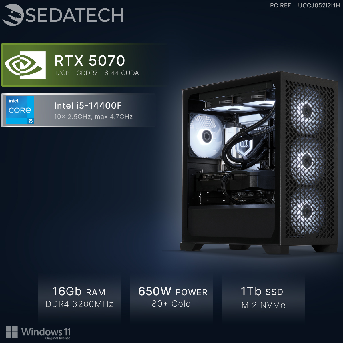 PC Sedatech con RTX 5070, Intel i5-14400F, 16 GB RAM, fuente de 650 W, SSD de 1 TB y ventiladores con luz.