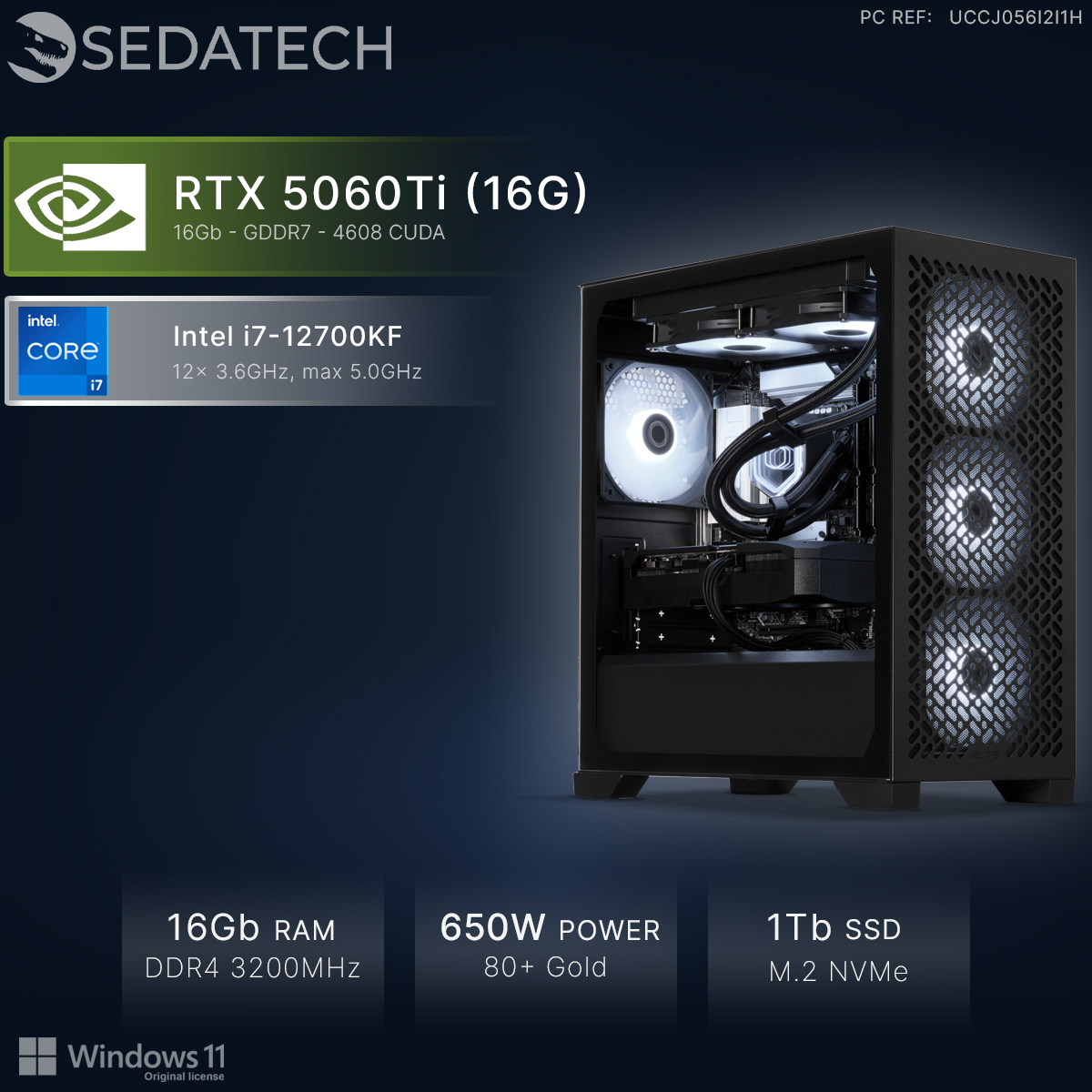 PC SEDATECH con RTX 5060Ti, Intel i7-12700KF, 16GB RAM, fuente 650W, 1TB SSD y Windows 11.