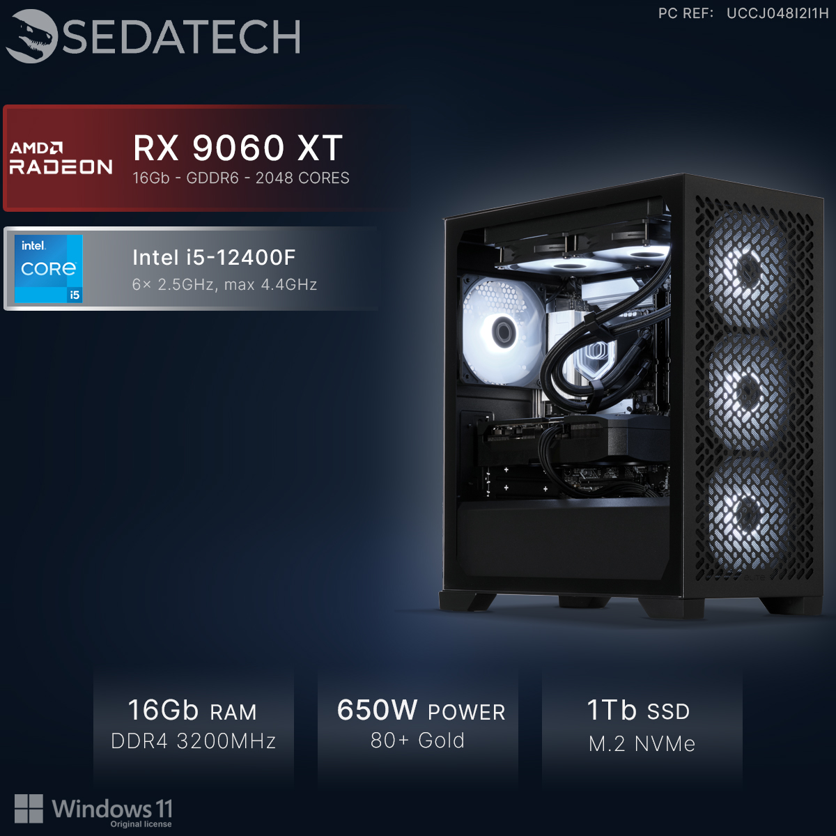 PC Sedatech con Intel i5, gráficos AMD Radeon RX, ventiladores iluminados, 16GB RAM y 1TB SSD sobre fondo oscuro.