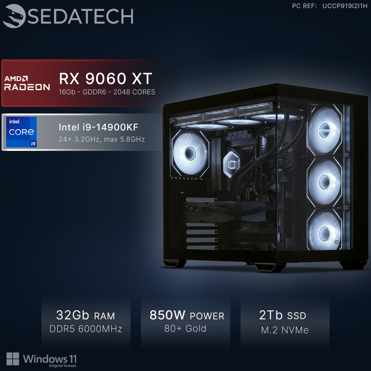 PC de juegos Sedatech con Intel i9, RX 9060 XT, 32GB RAM, 2TB SSD, ventiladores iluminados y Windows 11.