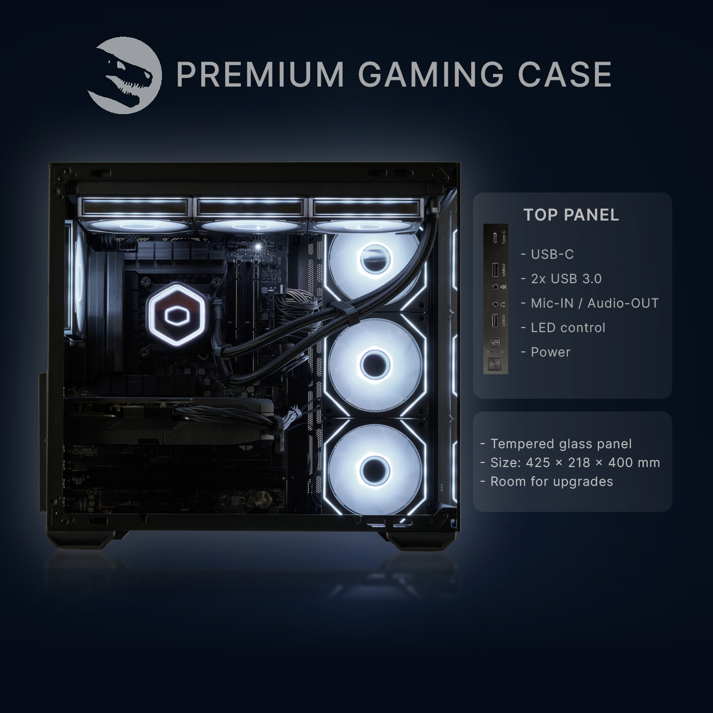 Caja gaming premium con iluminación blanca, componentes internos, panel superior y especificaciones.