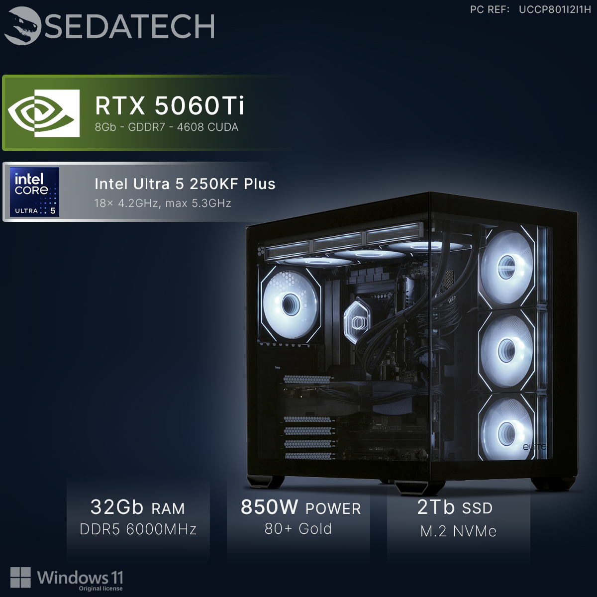 PC Sedatech con RTX 5060Ti, procesador Intel Ultra 5, 32GB RAM, fuente de 850W y SSD de 2TB sobre fondo azul.