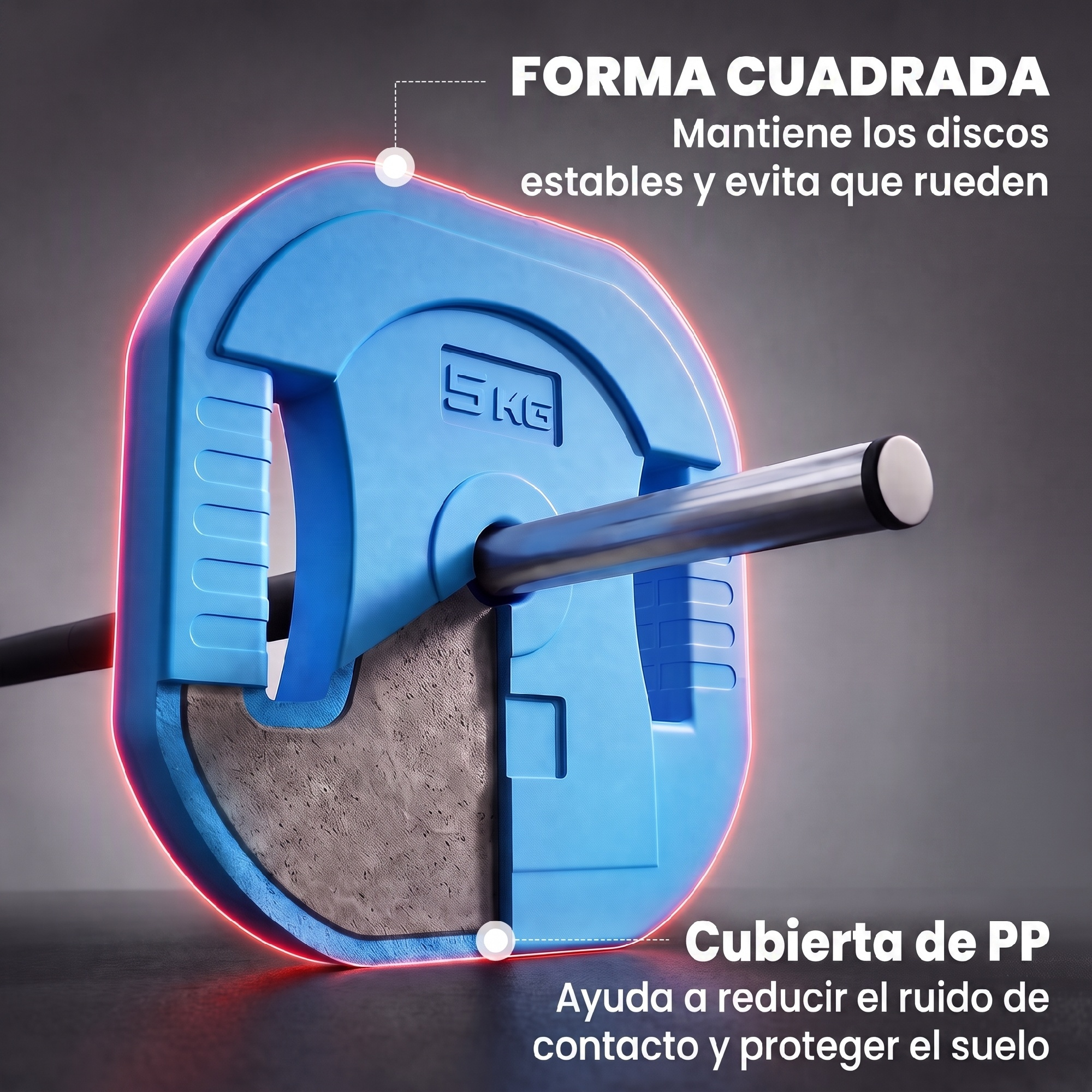 Un disco de peso azul cuadrado de 5 kg con cubierta de PP en una barra, con etiquetas y brillo rojo.