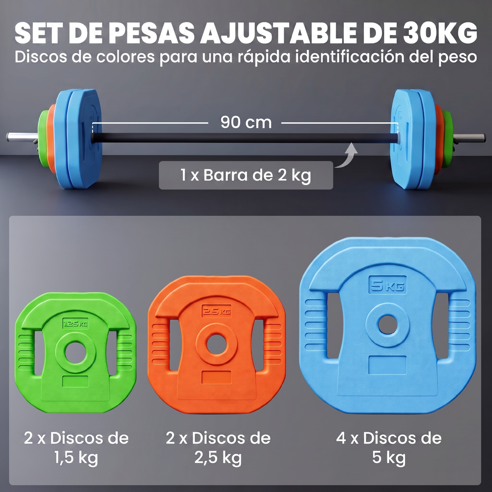 Set de pesas ajustable de 30kg con discos de colores y barra de 90cm.