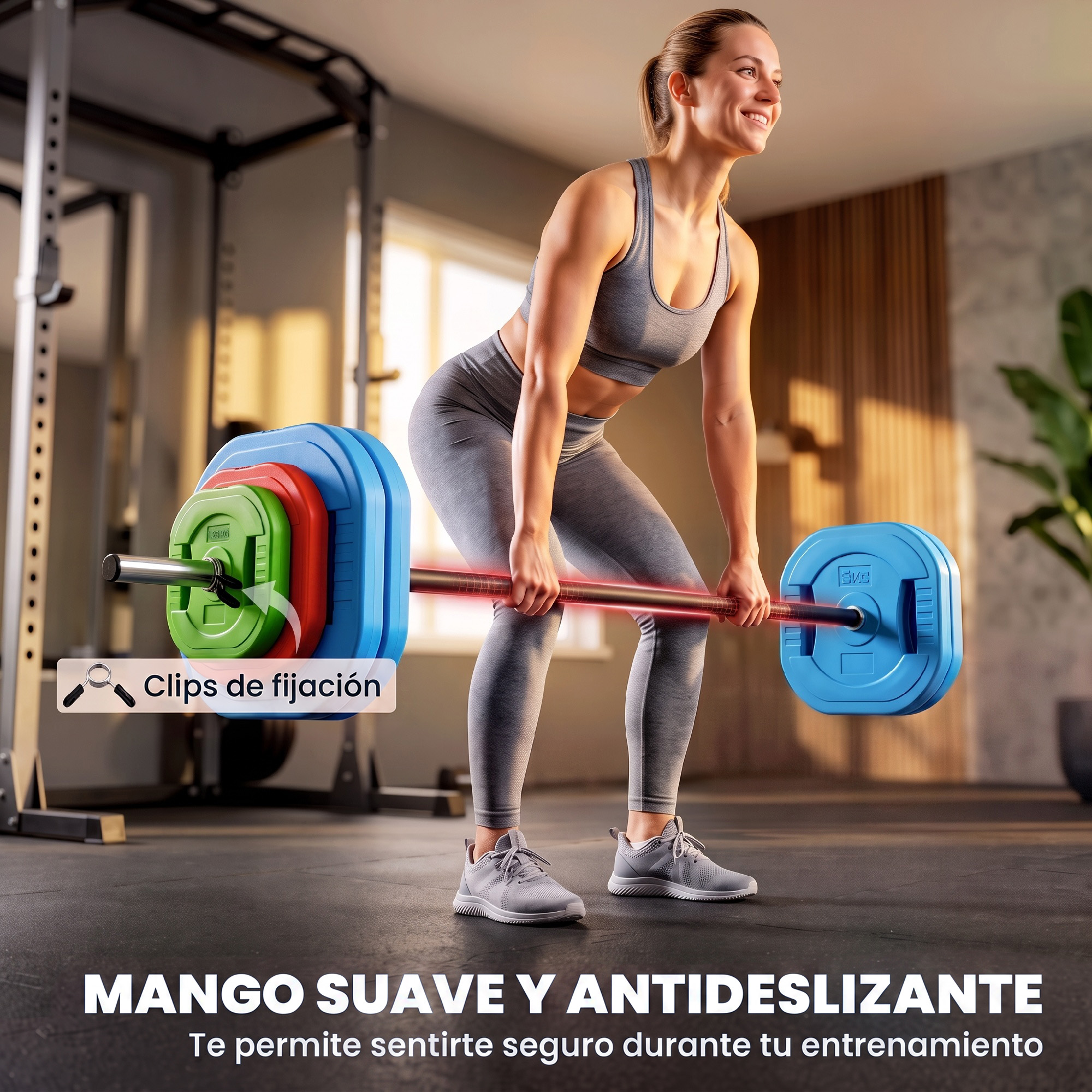 Una mujer en ropa deportiva levanta una barra con pesas coloridas en un gimnasio.