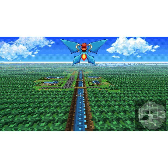 Un personaje de arte pixelado vuela con alas azules sobre un paisaje verde con un río y edificios.